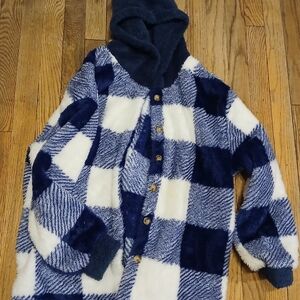 SHEIN Blue and White Checkered Hooded Jacket